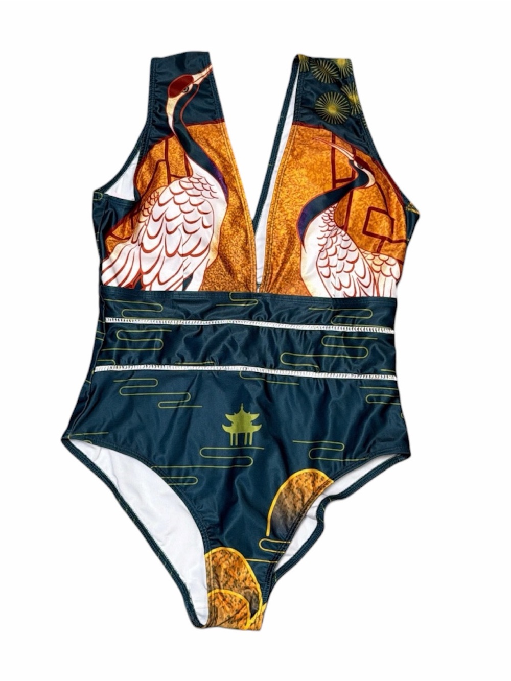 Averie Aisha Deep Plunge One-Piece featuring a Japanese-inspired heron sz Lg